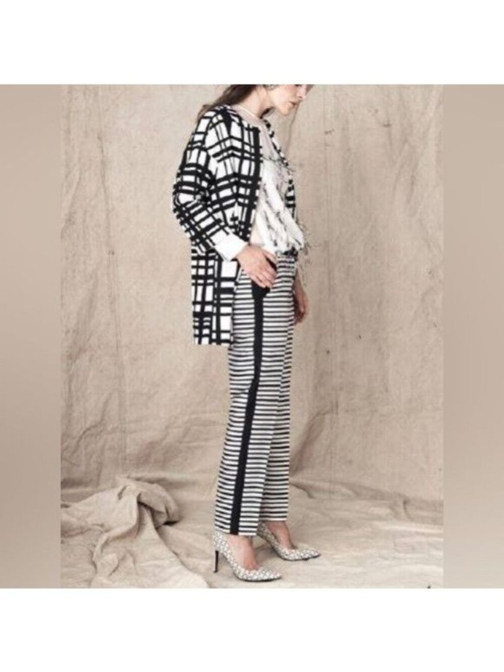 By Malene Birger Striped Straight-Leg Trousers Black and Ivory Silk Size 8 US